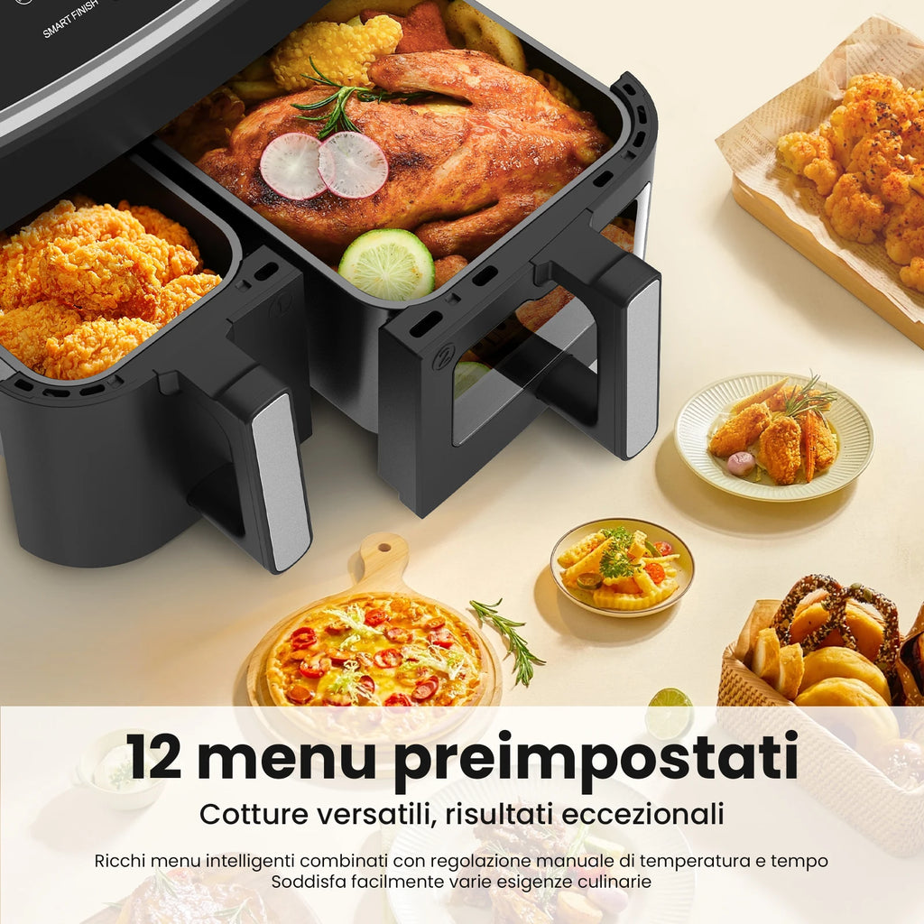 Friggitrice ad aria dual zone 10 litri Gidgimo con touch screen LED e finestra