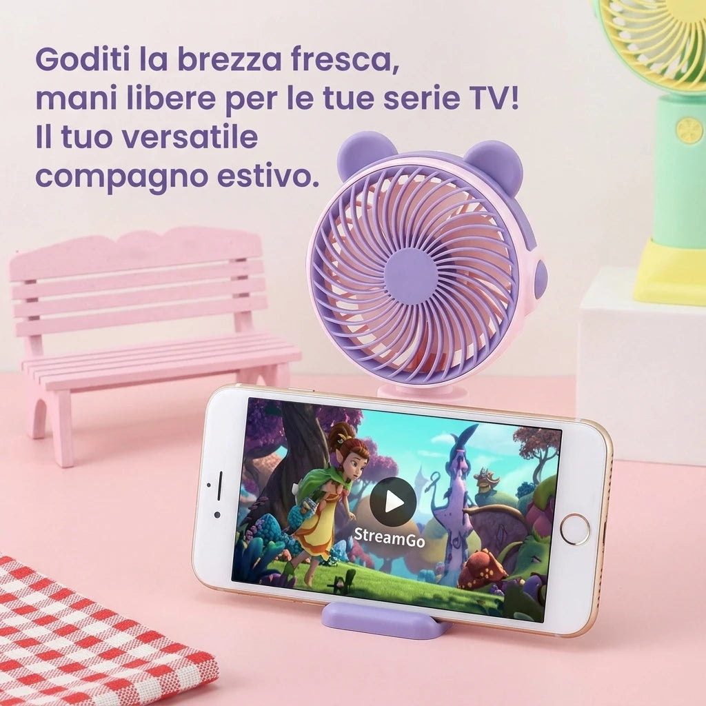 Ventilatore da scrivania mini con orecchie da orsetto, supporto per cellulare integrato, ricarica USB, silenzioso. ideale per scrivania e per guardare serie TV/film.