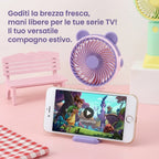 Ventilatore da scrivania mini con orecchie da orsetto, supporto per cellulare integrato, ricarica USB, silenzioso. ideale per scrivania e per guardare serie TV/film.