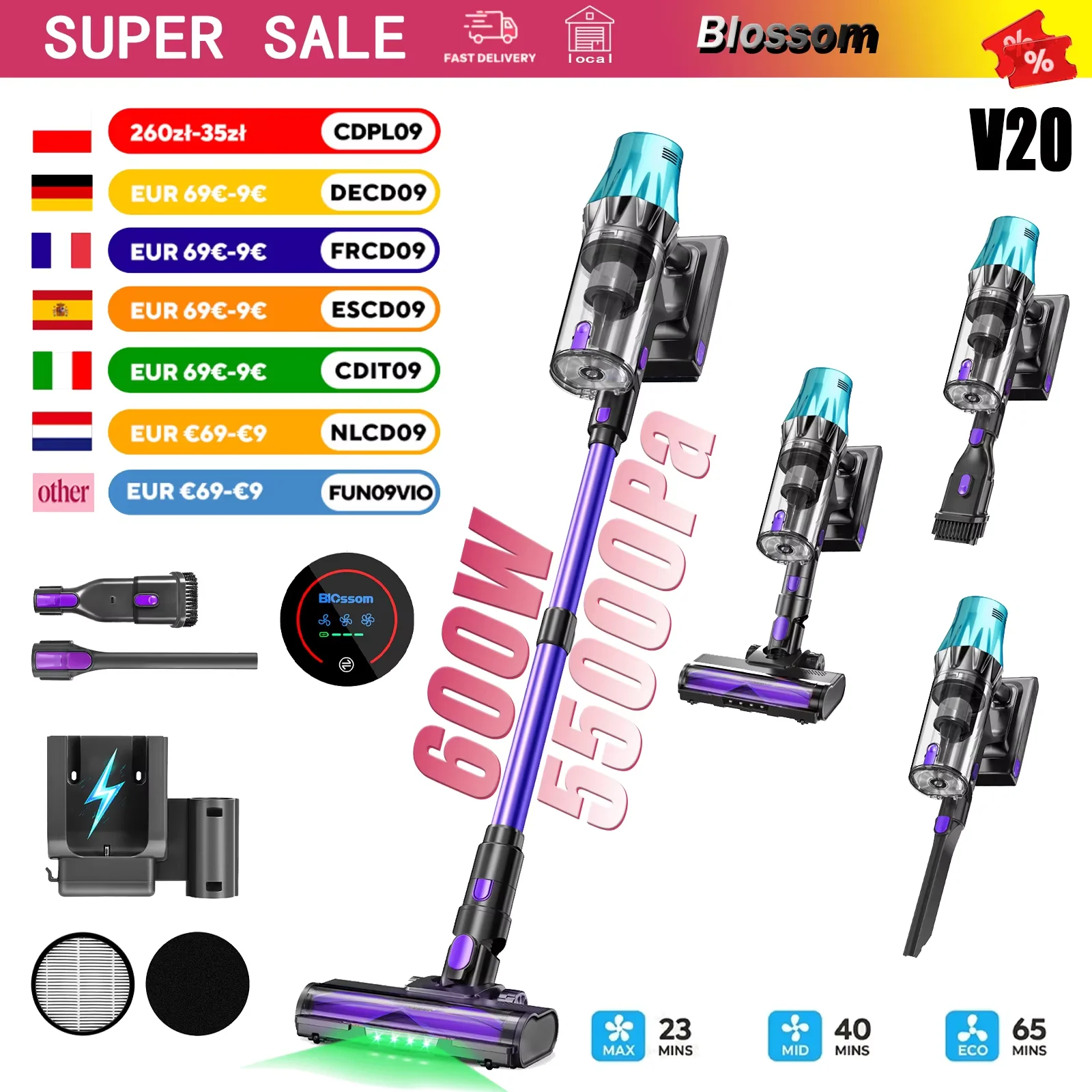 Blossom V20 Akku-Staubsauger, bürstenloser 600W Motor, 55KPA starke Saugkraft, 3-Gang-Einstellung, Voll-Touchscreen, 1,8L großer Staubbehälter, 8-Zellen-Akku, 60 Minuten Laufzeit, Bürste für