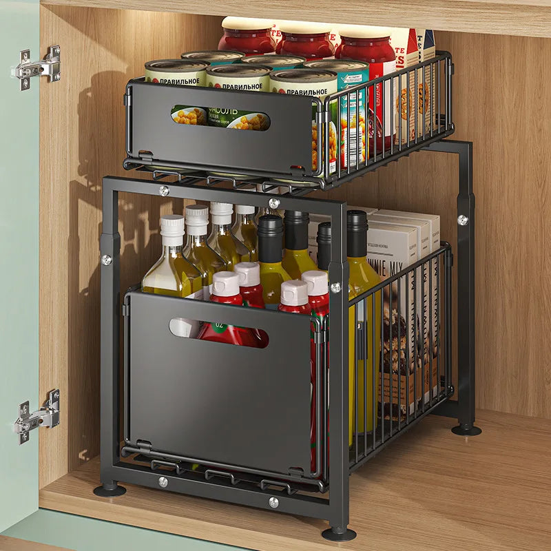 Organizer estraibile sotto il lavandino, scorrevole in altezza regolabile a 2 livelli per armadio da cucina/bagno, ripiano per barattoli di spezie