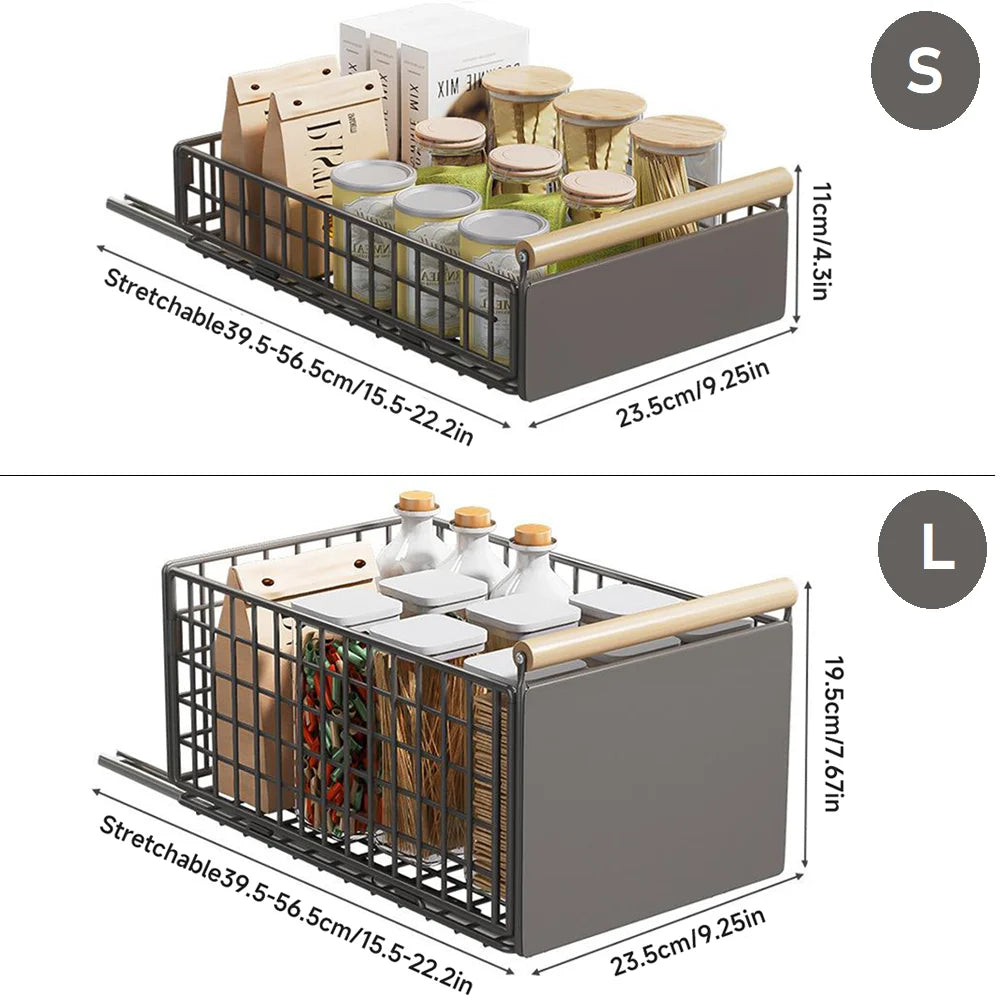 Ausziehbarer Organizer mit Holzgriff, Push-Pull-Auszugskorb für Schrank, klappbarer Schubladenauszug, Abtropfgestell für Küchenspüle/Badezimmer