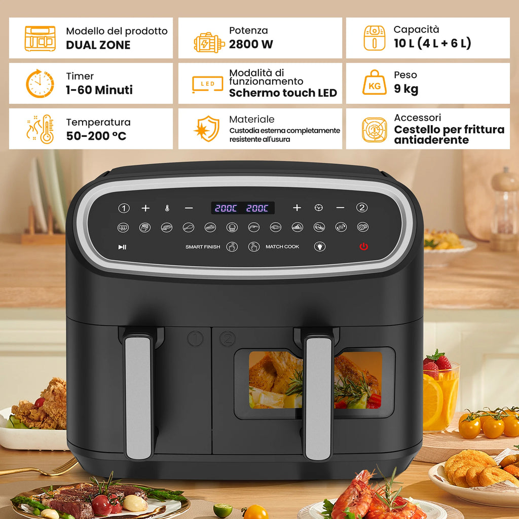 Friggitrice ad aria dual zone 10 litri Gidgimo con touch screen LED e finestra