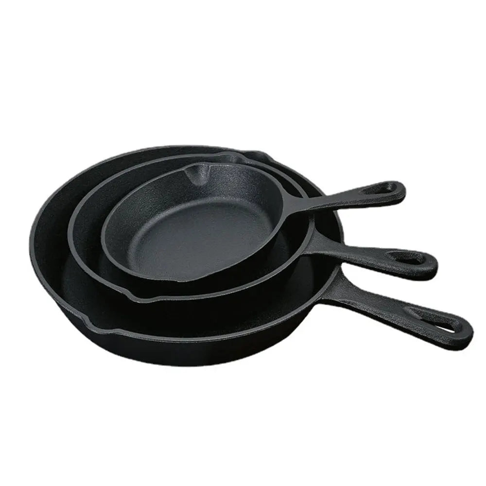 Padella in ghisa nera non rivestita, 3 pezzi, per friggere alimenti, cucinare, fornelli antiaderenti, padella per frittata