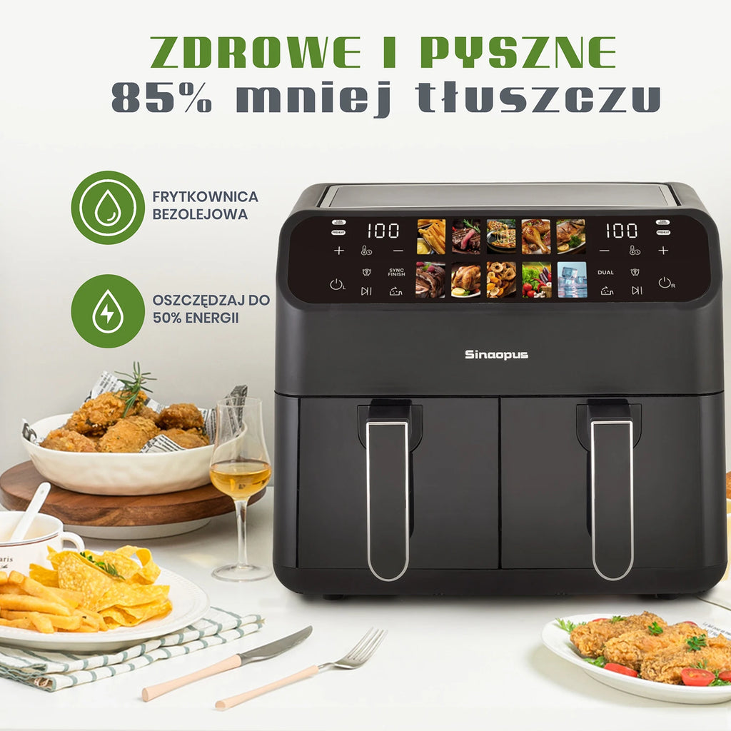 Sinaopus Friggitrice ad Aria 9L Doppio Cestello 2000W con Display LED 2 Zone Cottura