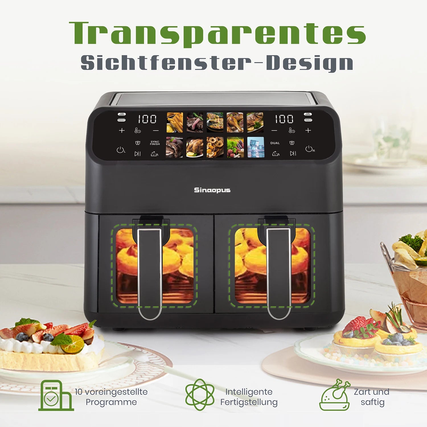 Sinaopus 2000W XXL 9L Doppelkorb-Heißluftfritteuse Multifunktions-Luftfritteuse mit LED-Touchscreen Timer Automatische Kochprogramme