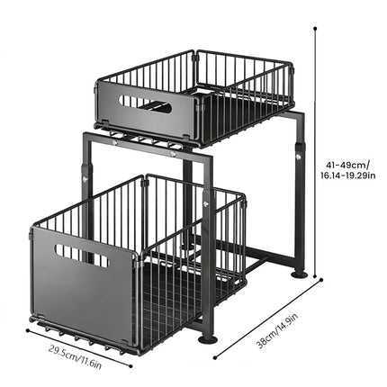2-Tier Pull-Out Organizer with Sliding Basket, Adjustable Height, Under-Sink Shelf for Kitchen, Spice Rack