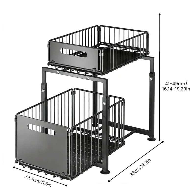 Organizzatore Estraibile a 2 Livelli con Cestello Scorrevole, Altezza Regolabile, Scaffale Sottolavello per Cucina, Porta Spezie