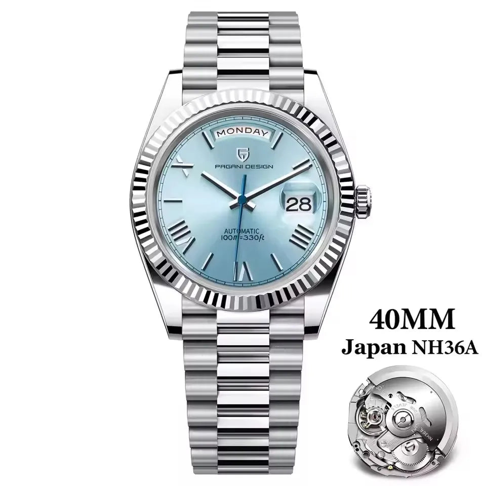 PAGANI DESIGN Neue 40mm Herrenuhr mit Wochenkalender, Edelstahl, 100M Wasserdicht, AR Saphirglas, Japanisches Luxusuhrwerk