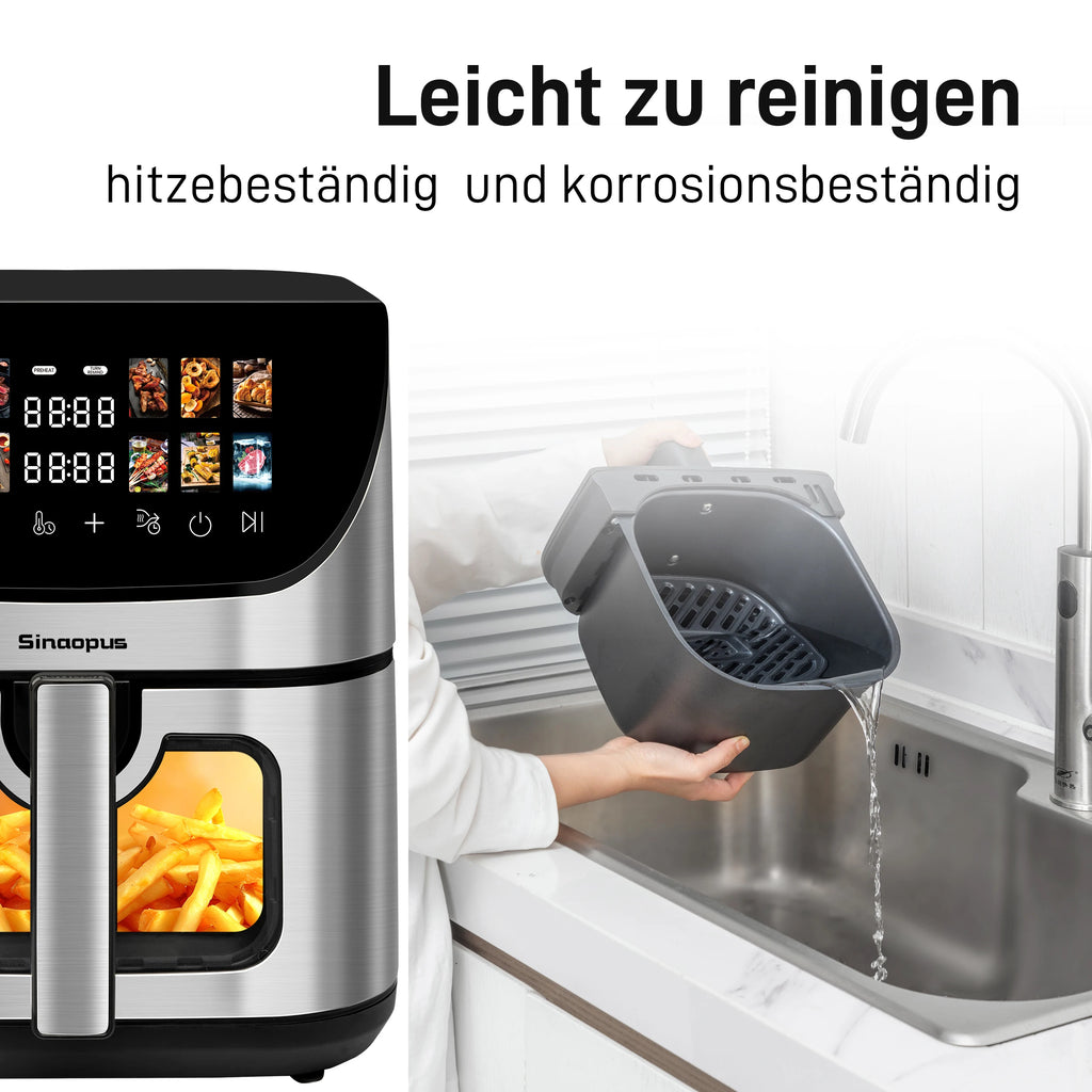 Sinaopus Elektrische Heißluftfritteuse Automatischer ölfreier 360°-Heimküchenofen 1800W 8,5 Liter Luftfritteuse mit LED-Anzeige und Sichtfenster