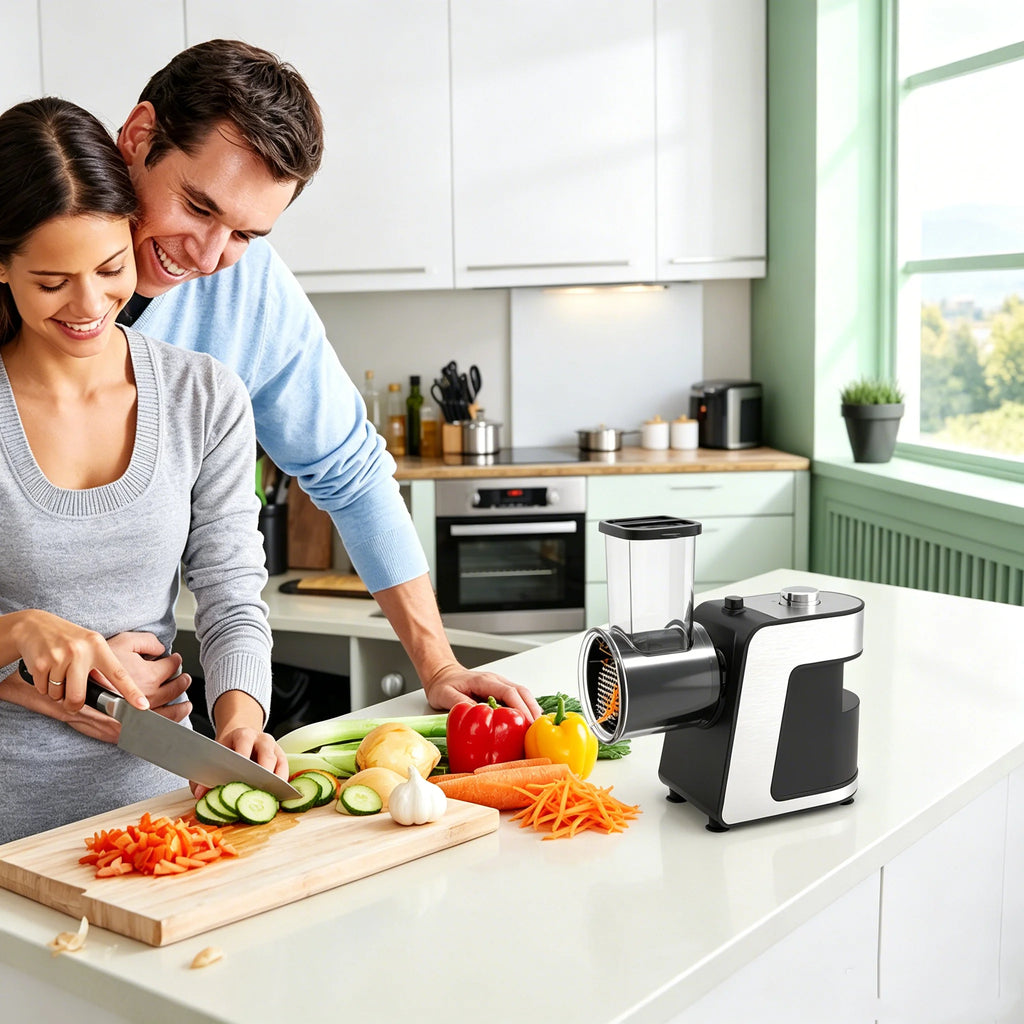 5-in-1 Elektrische Reibe und Gemüsehobel, 500W, für Gemüse und Käse, zerkleinert, hobelt, reibt Käse, Gemüse, Nüsse, Küchenmaschine für den Hausgebrauch