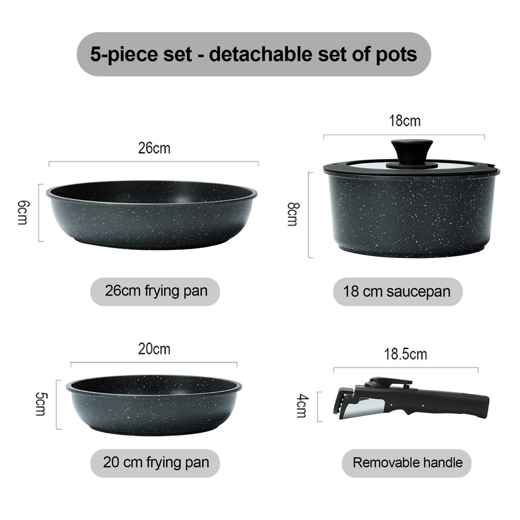 Set di 5 Pentole e Padelle Antiaderenti con Manico Staccabile, Set di Pentole per Cucina a Induzione, Pentole Salutari per Camper