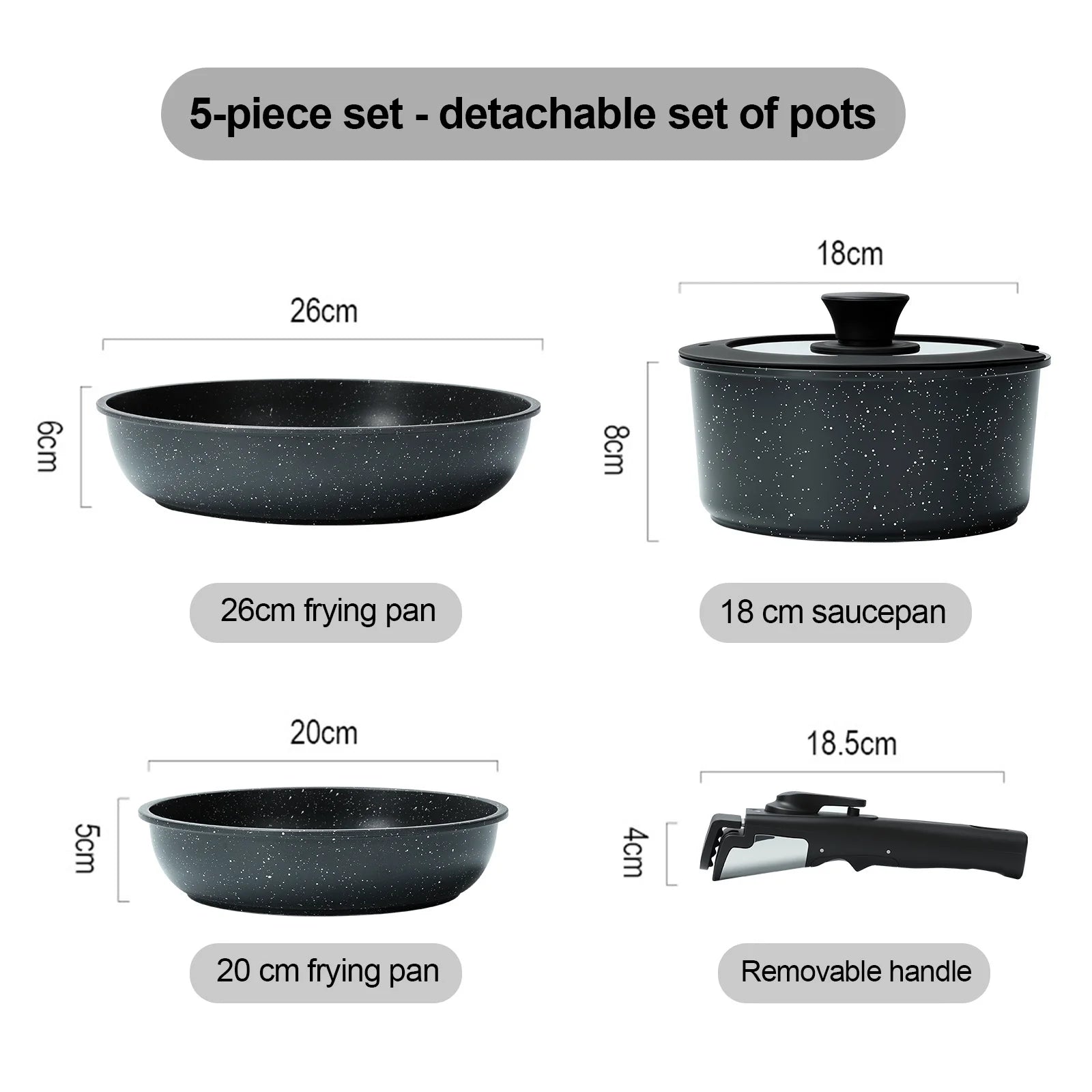 Set di 5 Pentole e Padelle Antiaderenti con Manico Staccabile, Set di Pentole per Cucina a Induzione, Pentole Salutari per Camper