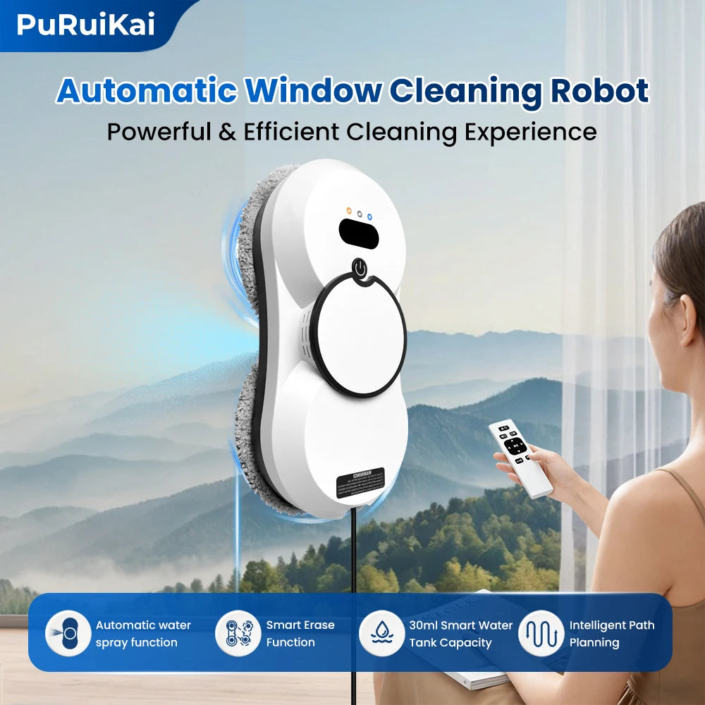 PuRuiKai Fensterputzroboter mit Fernbedienung, elektrischer Fensterreiniger, automatisches Doppelsystem für die Glasreinigung.