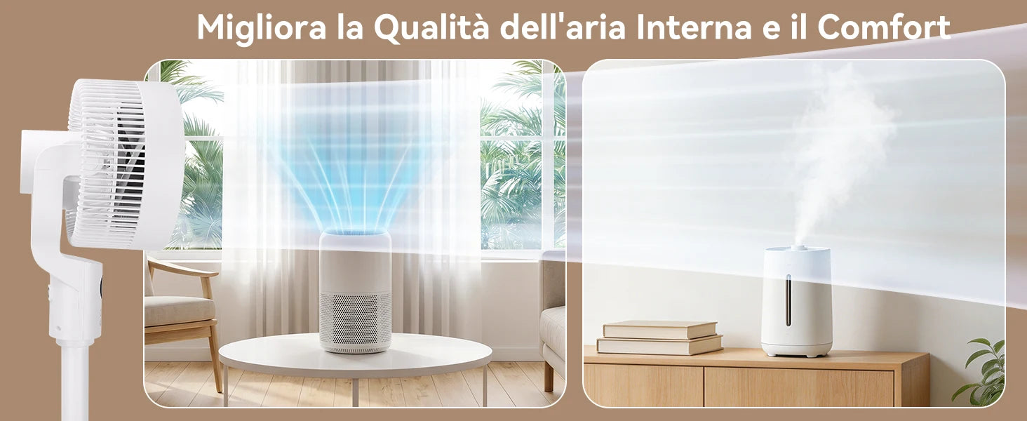 Aigostar Ventilatore a Piantana, 6 Velocità e 3 Modalità Silenzioso, Circolatore d'Aria 3D 850m³/h, Flusso 8m, Timer 12H, Altezza 100cm, Telecomando e Display Touch, Funzion Aroma per Camera e Ufficio