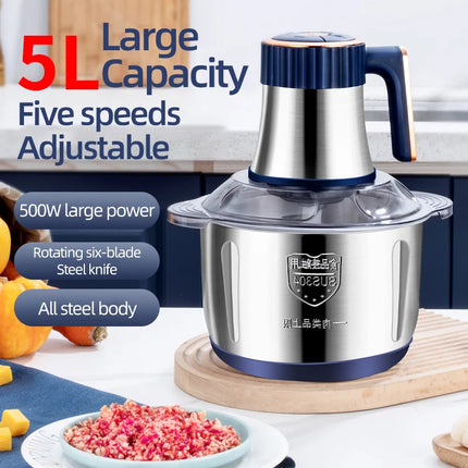 Electric Meat Grinder 5L, Stainless Steel Food Shredder, Multifunctional Vegetable Slicer, Processor, Kitchen Blender