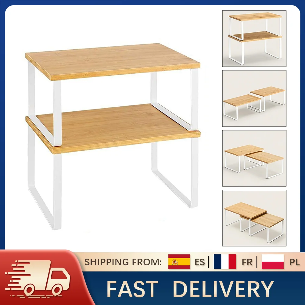 Organizzatore per portaspezie in legno di bambù da 2 pezzi, multiuso, impilabile, per bancone da cucina, supporto per condimenti in metallo per controsoffitto dell'armadio