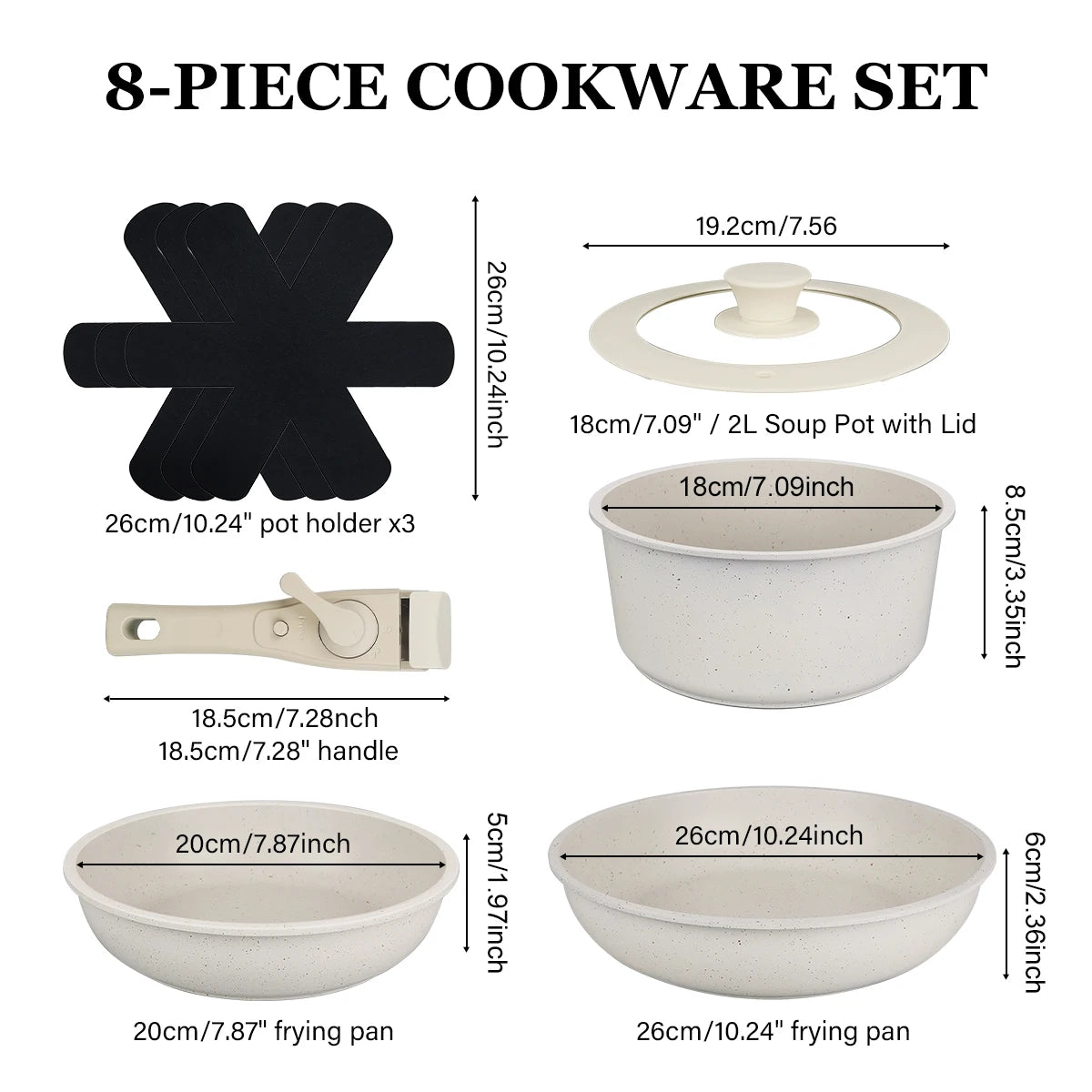 Set di pentole e padelle antiaderenti da 8 pezzi con coperchi, manico staccabile, supporti per pentole, cassaforte per il forno, compatibile con tutti i piani cottura