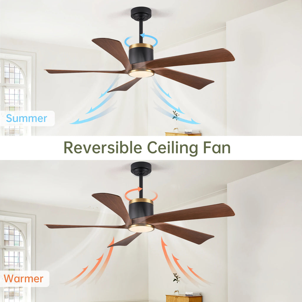 Ventilatore da soffitto da 132 cm con luce LED, 6 velocità, telecomando, reversibile, dimmerabile, finitura in legno
