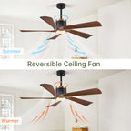 Ventilatore da soffitto da 132 cm con luce LED, 6 velocità, telecomando, reversibile, dimmerabile, finitura in legno