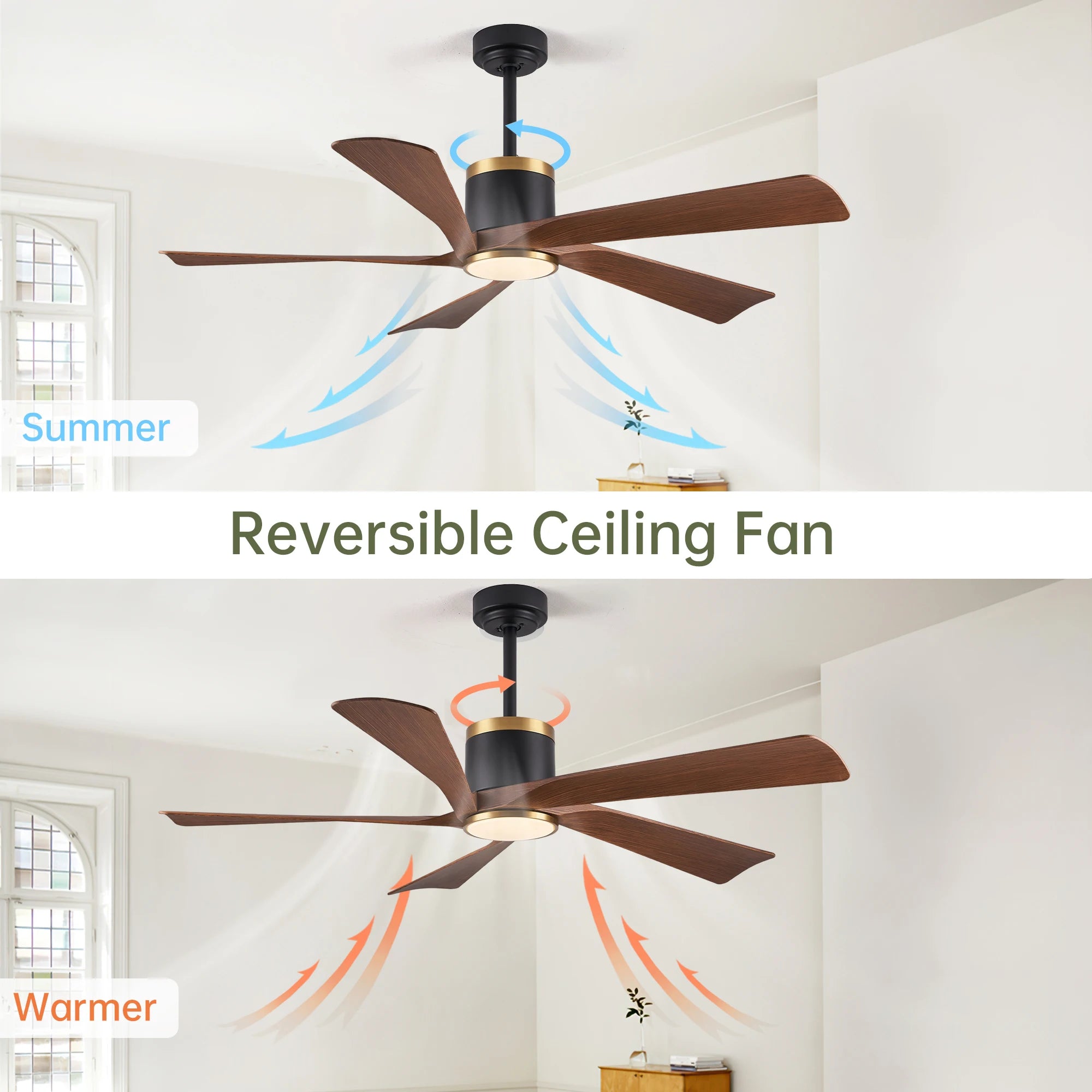 Ventilatore da soffitto da 132 cm con luce LED, 6 velocità, telecomando, reversibile, dimmerabile, finitura in legno