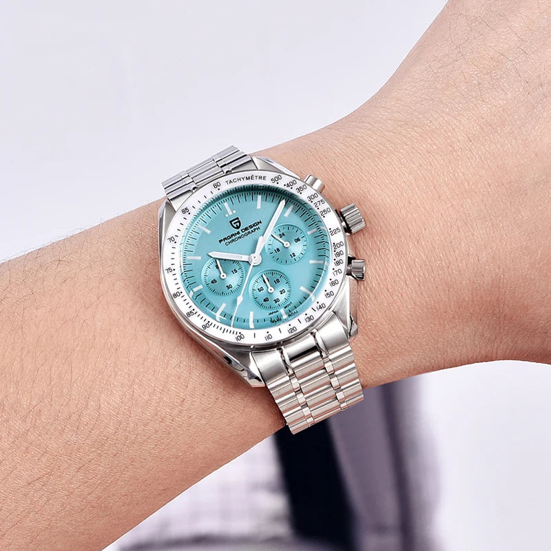 PAGANI DESIGN Herrenuhr Ice Blue, Luxus-Quarzuhr für Herren, Chronograph mit AR-Saphirglas, Leuchtend, Lokaler Versand