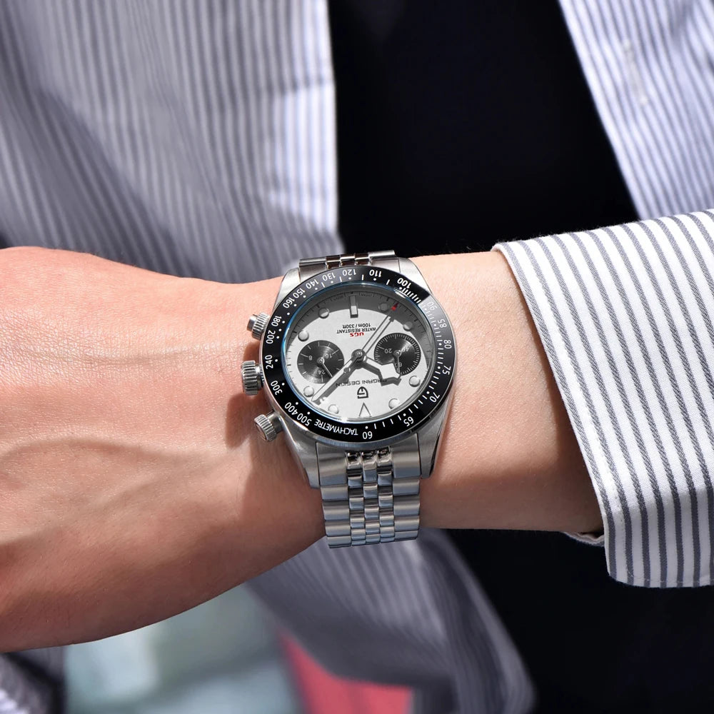 Nuovi orologi da uomo Panda DESIGN, orologio al quarzo di lusso Panda, cronografo sportivo da uomo, cronografo con vetro zaffiro, lenti AR, ceramica, leggero, impermeabile, in acciaio inossidabile, orologio da uomo, idea rega