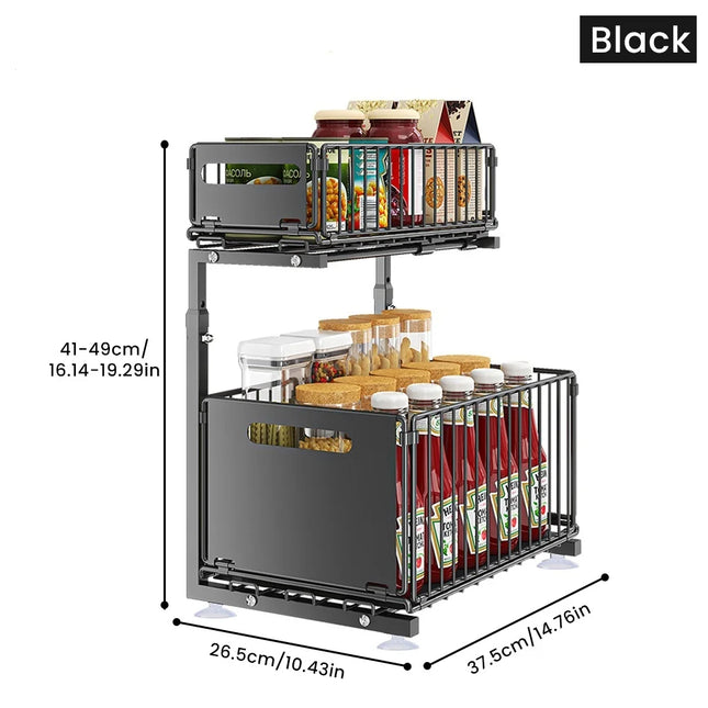 2-tier sliding shelf for kitchen storage, tool-free installation, space-saving, carbon steel, under-sink organizer for the kitchen