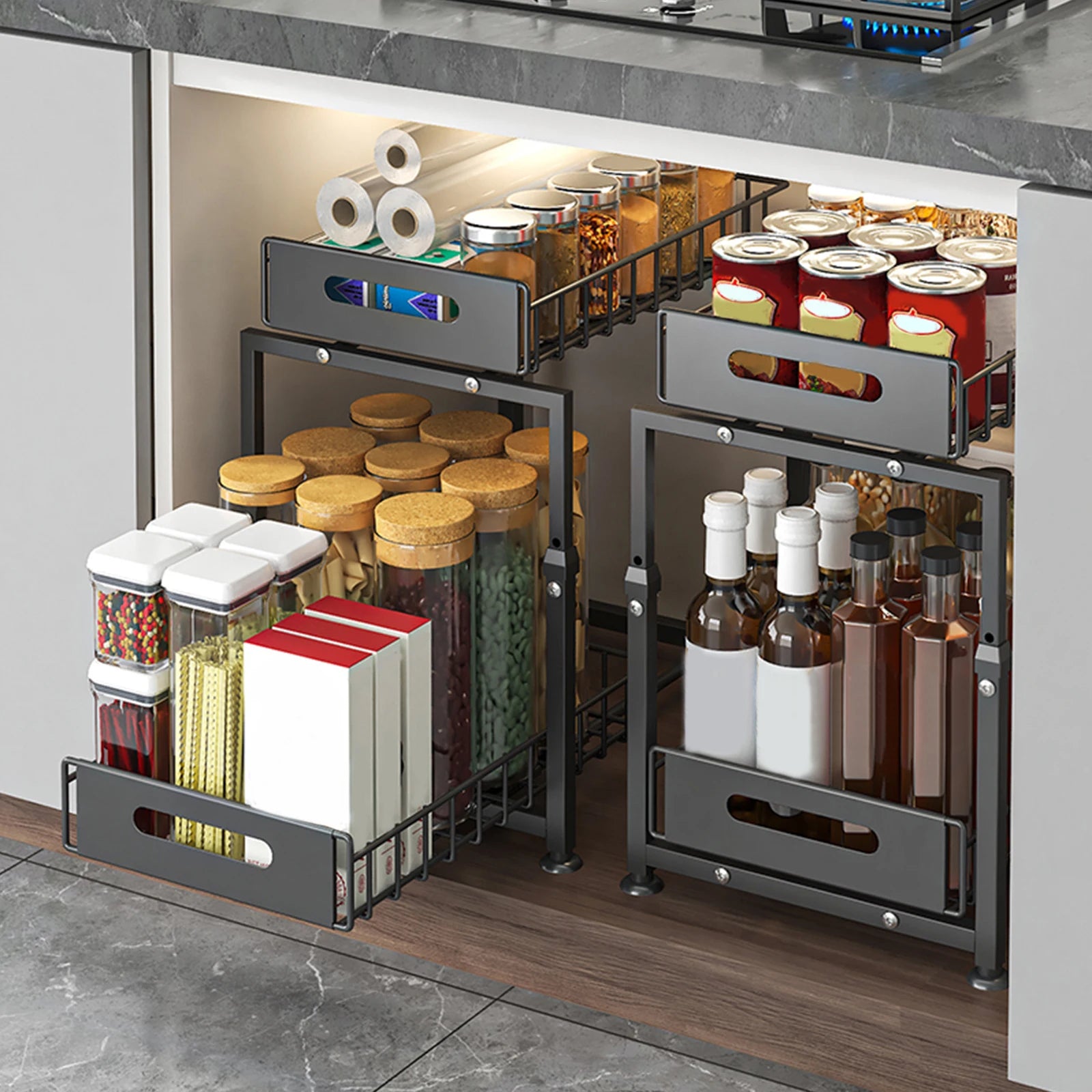 Organizzatore Estraibile a 2 Livelli, Cestello Scorrevole Regolabile in Altezza per Sotto Lavello, Organizzatore per Piano di Lavoro Cucina