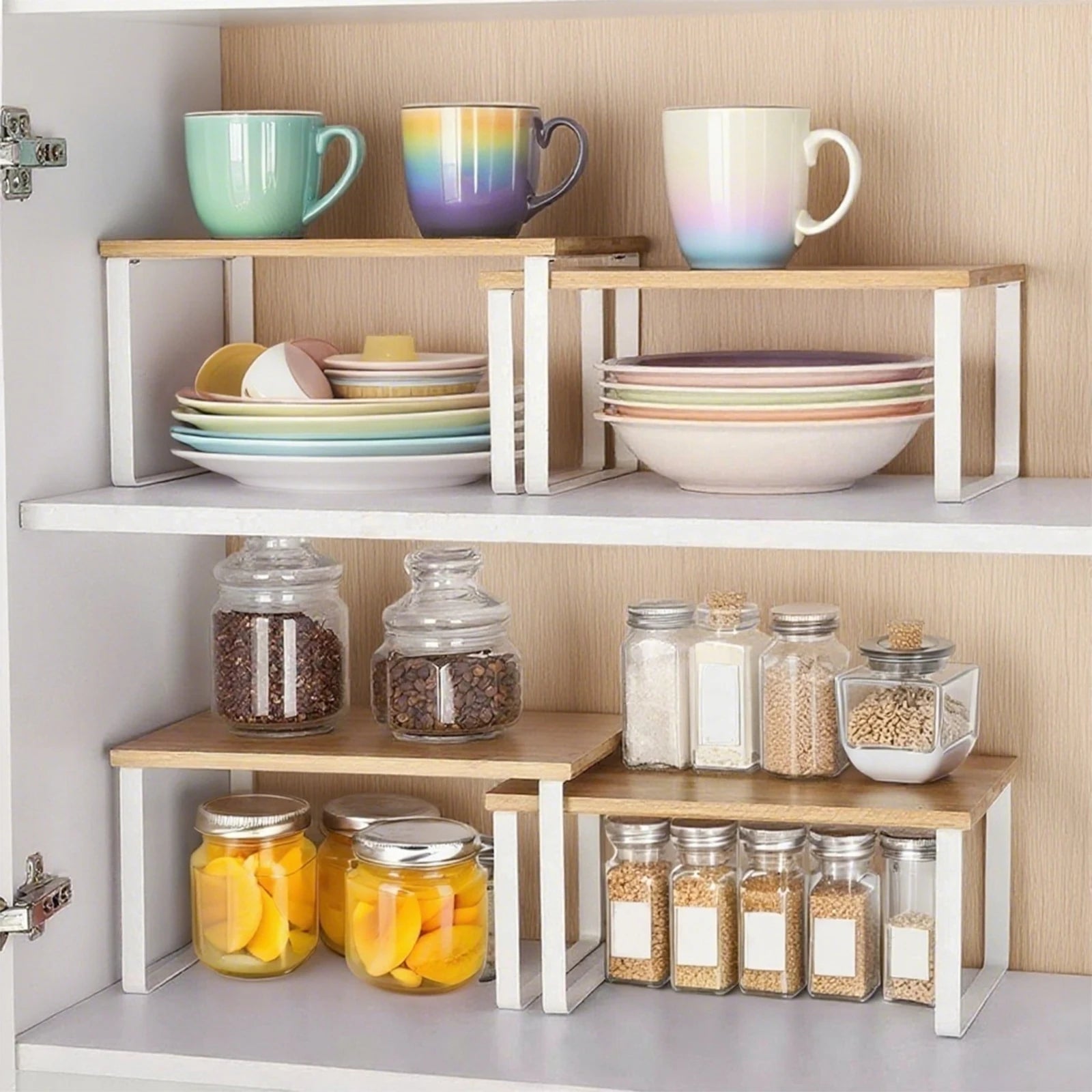 Organizzatore per portaspezie in legno di bambù da 2 pezzi, multiuso, impilabile, per bancone da cucina, supporto per condimenti in metallo per controsoffitto dell'armadio