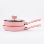 Set di pentole da cucina per la casa, set di pentole e padelle antiaderenti, padella per bistecche di uova carine, padella con coperchio per tutti i piani cottura, 3 pezzi, rosa