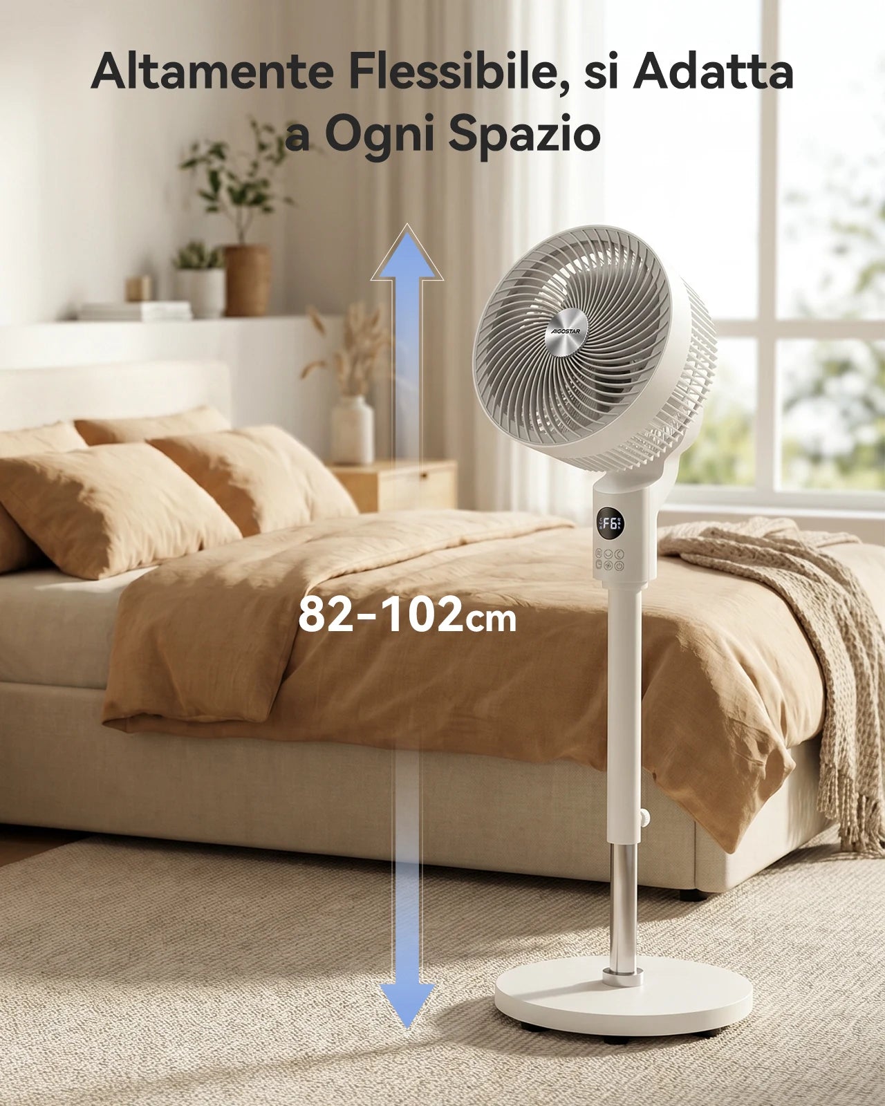 Aigostar Ventilatore a Piantana, 6 Velocità e 3 Modalità Silenzioso, Circolatore d'Aria 3D 850m³/h, Flusso 8m, Timer 12H, Altezza 100cm, Telecomando e Display Touch, Funzion Aroma per Camera e Ufficio