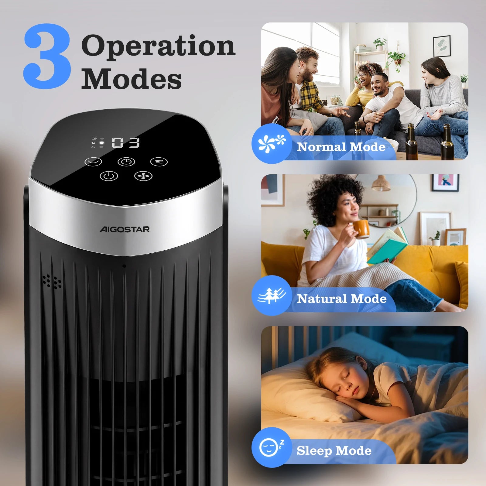 Aigostar Digitaler Turmventilator mit Fernbedienung/12-Stunden-Timer. 4 Modi und 3 einstellbare Geschwindigkeiten. 45W Leistung, 65° Oszillation, 93CM, für Zuhause und Büro, Schwarz