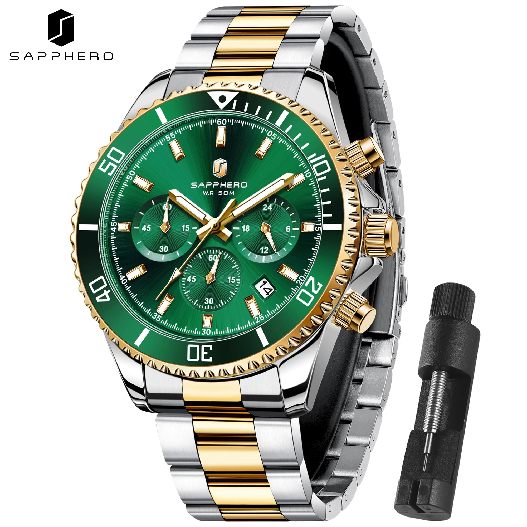 SAPPHERO Orologio da Polso Quarzo Uomo Acciaio Inossidabile Impermeabile 50M Cronografo