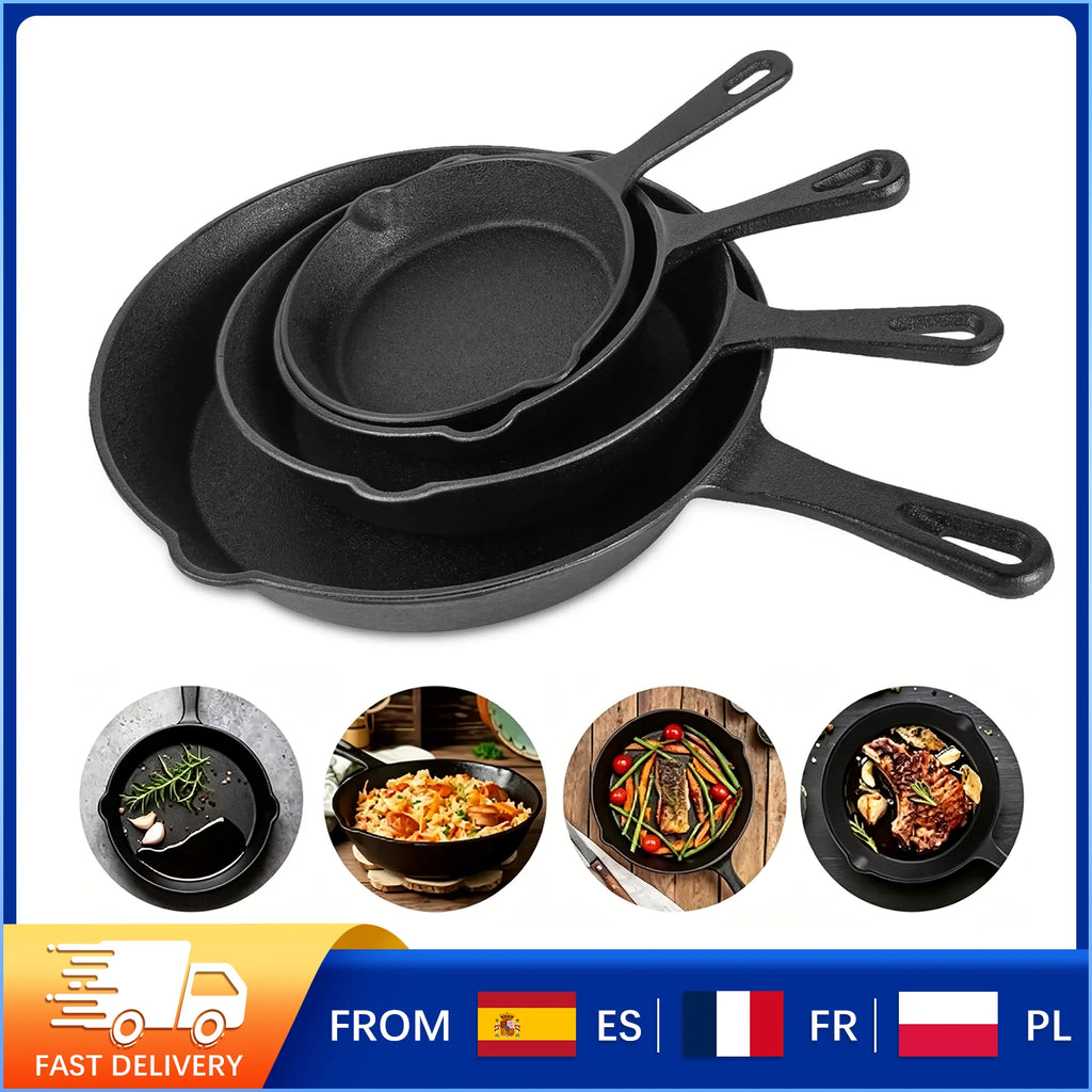 Set di Padelle in Ghisa Multi-Misura, Padella per Cottura Sana Senza Rivestimento, Ottima Ritenzione del Calore, Adatta a Tutti i Fornelli, Padella Robusta e Durevole per Bistecche, Verdure, BBQ e Brasatura