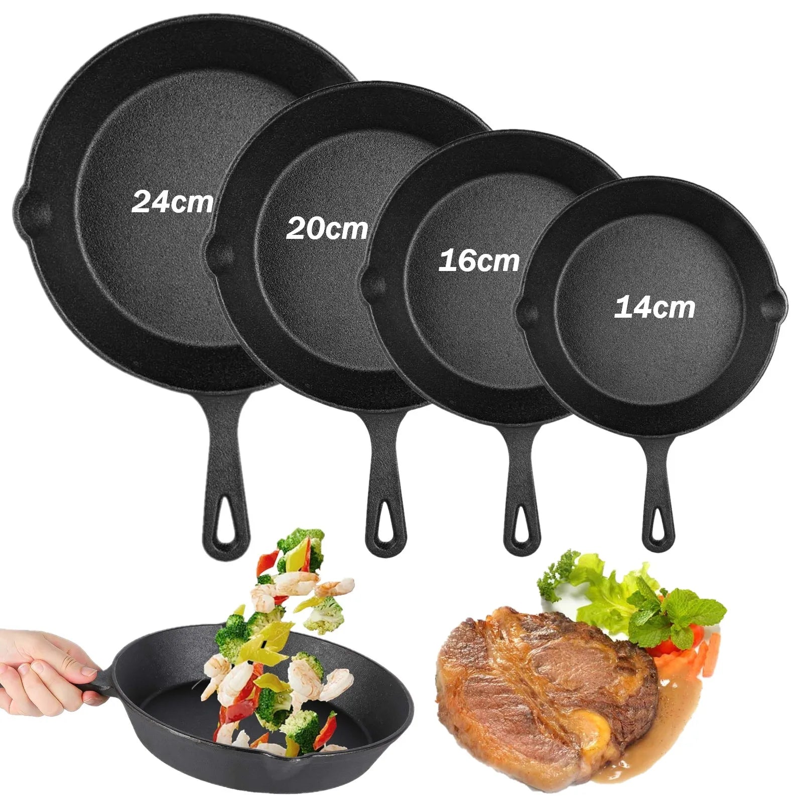 Set di 4 Padelle in Ghisa Antiaderenti, Mini Padelle Portatili per Uova e Omelette, per Friggere, Grigliare, BBQ, Fornelli a Gas e a Induzione, Forno