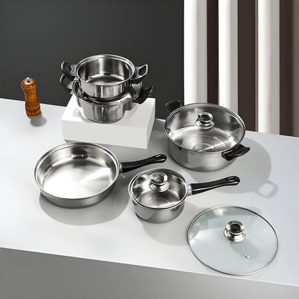 12-Piece Stainless Steel Pot Set with Glass Lids Induction Bottom Cookware Set Milk Boiler