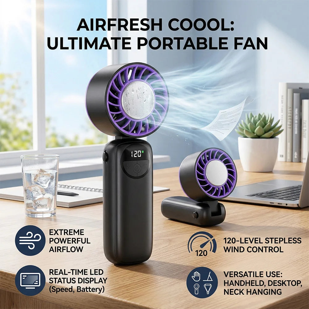 Mini ventilatore portatile palmare pieghevole LIPETY con raffreddamento a ghiaccio, 120 velocità, USB ricaricabile con schermo display