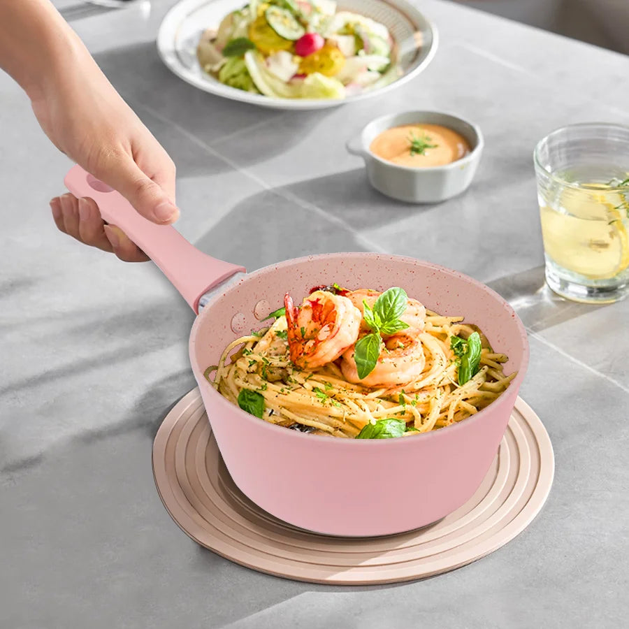 Set di pentole da cucina per la casa, set di pentole e padelle antiaderenti, padella per bistecche di uova carine, padella con coperchio per tutti i piani cottura, 3 pezzi, rosa