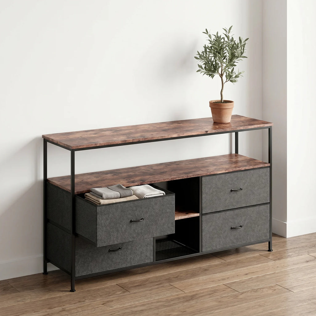 Anajqaqia Moderner TV-Ständer mit 4 Schubladen, Aufbewahrungsschrank mit LED-Beleuchtung, Metallrahmen, geeignet für Wohnzimmer und Schlafzimmer, 137 x 30 x 78 cm