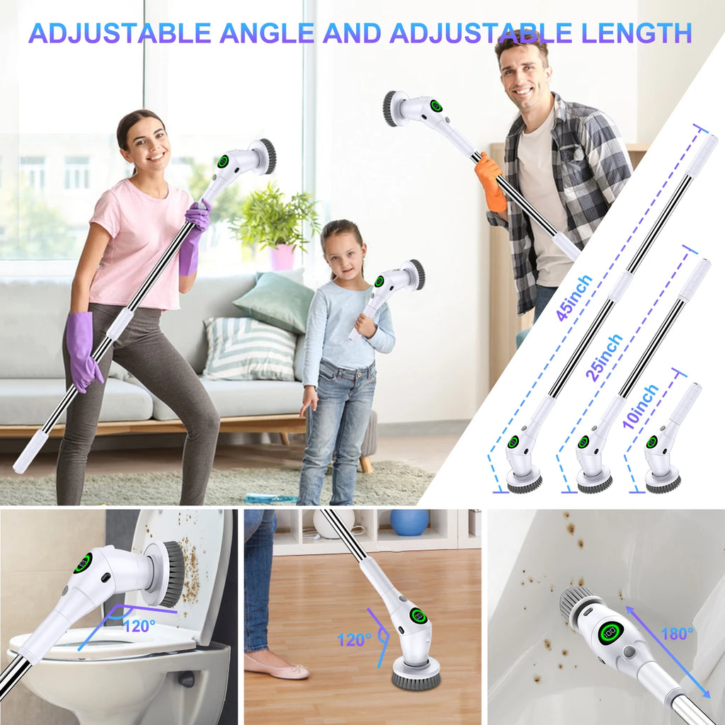 Elektrischer Bodenreiniger, elektrische Reinigungsbürste mit Griff und 8 austauschbaren Bürstenköpfen. Elektrischer Bodenreiniger für Bad, Küche