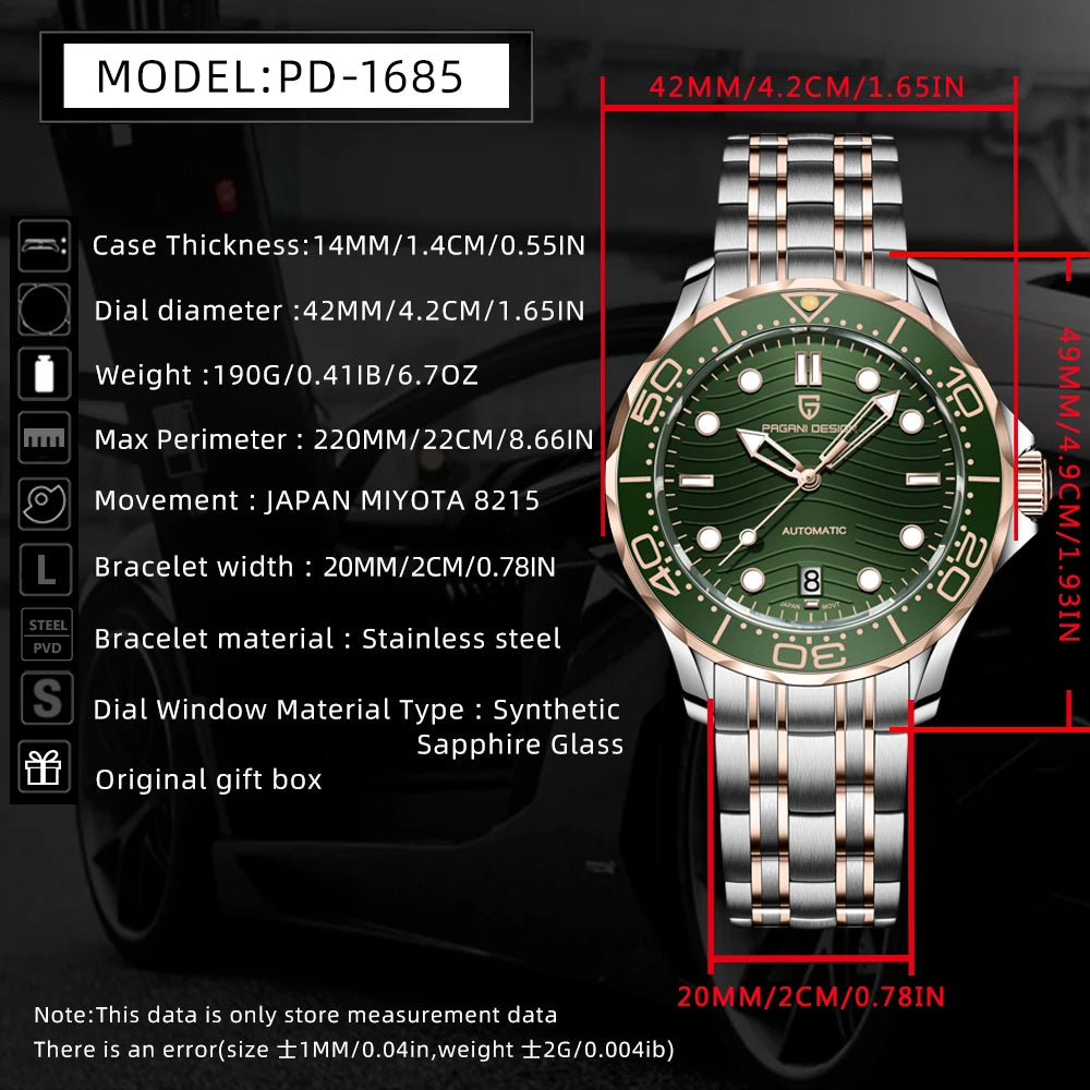 PAGANI DESIGN Orologio subacqueo automatico verde da uomo MIYOTA 8215