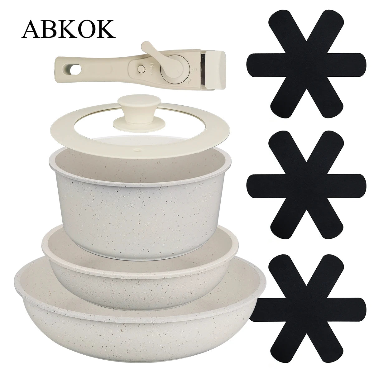 Set di pentole e padelle antiaderenti da 8 pezzi con coperchi, manico staccabile, supporti per pentole, cassaforte per il forno, compatibile con tutti i piani cottura