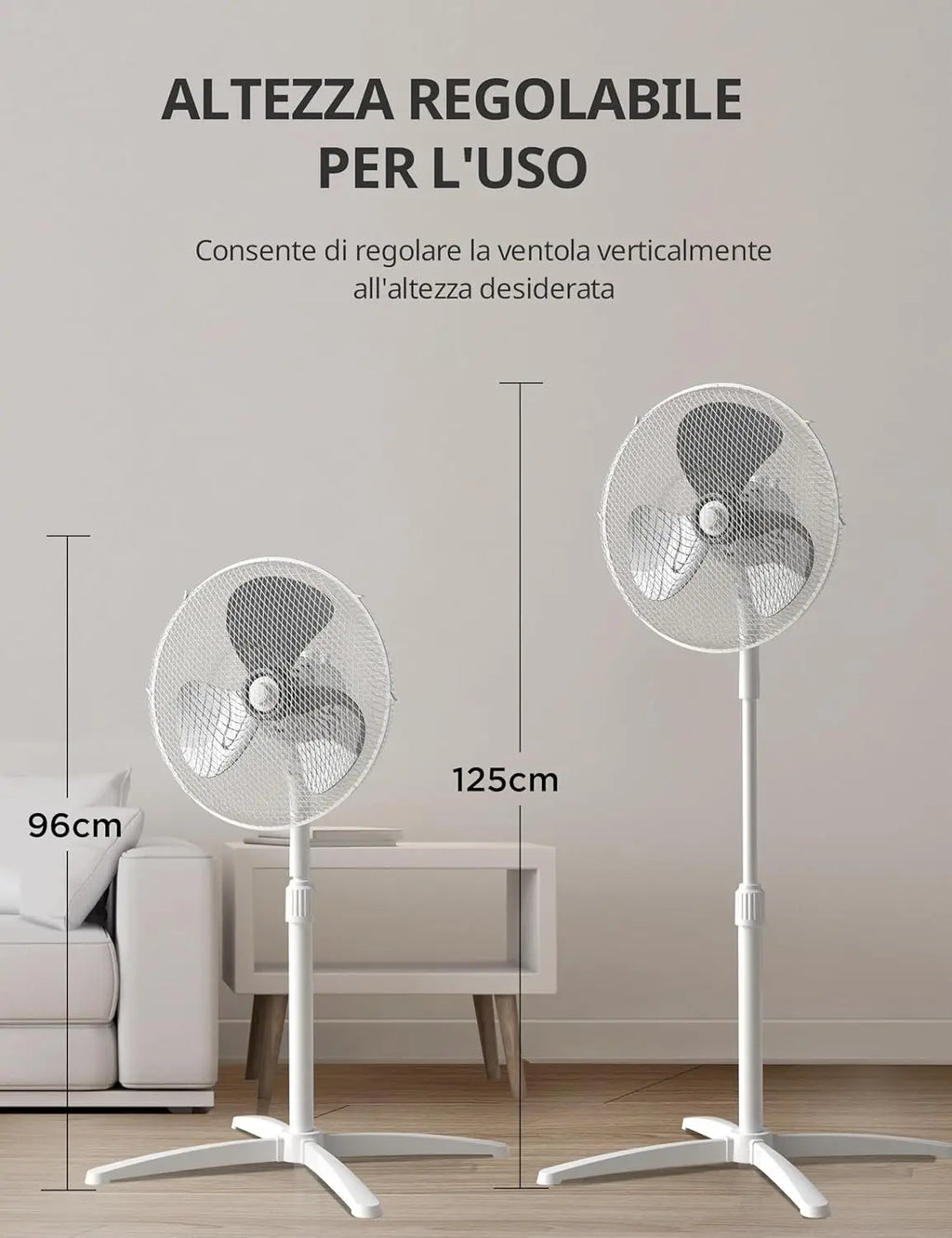 Ventilatore a Piantana, 3 Velocità Regolabili, Oscillazione 90°, Altezza Regolabile, Flusso d'Aria Potente e Funzionamento Silenzioso, Ideale per Casa e Ufficio, Bianco