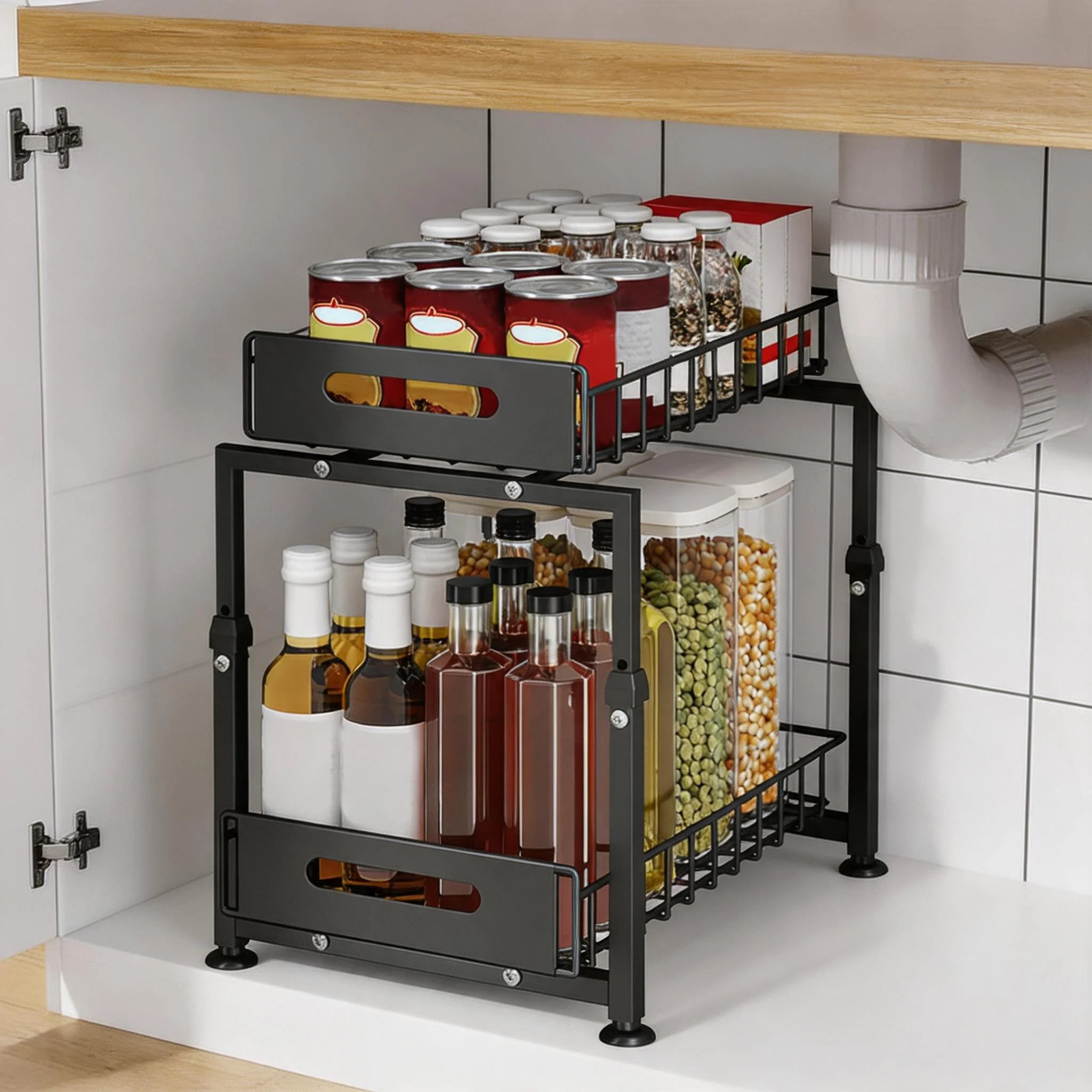 Organizzatore Sottolavello Scorrevole a 2 Livelli, Cestello in Metallo con 5 Altezze Regolabili per Cucina e Bagno