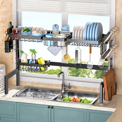 Adjustable large-capacity household kitchen sink over-the-sink dish drainer, multi-functional retractable carbon steel dish drainer