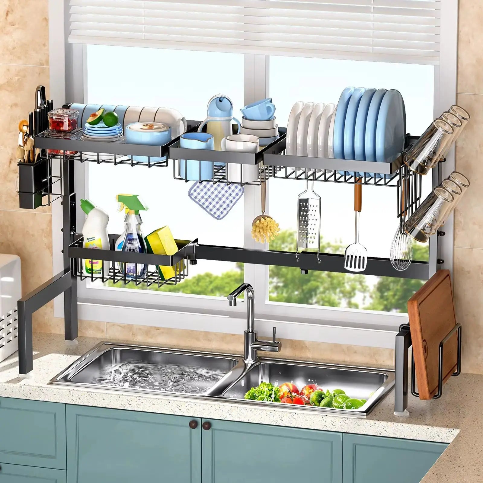 Lavello da cucina domestico regolabile di grande capacità sopra scolapiatti, scolapiatti retrattile multifunzionale in acciaio al carbonio