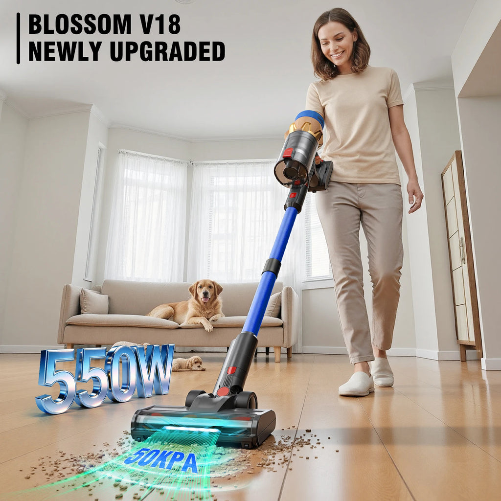 Blossom V18 Kabelloser Staubsauger 550W 45KPA Leistungsstark mit LED-Display Anti-Verfilzungsbürste Abnehmbarer Akku 1,5L für Tierhaare Hartböden Teppiche Zuhause Auto