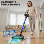 Blossom V18 Kabelloser Staubsauger 550W 45KPA Leistungsstark mit LED-Display Anti-Verfilzungsbürste Abnehmbarer Akku 1,5L für Tierhaare Hartböden Teppiche Zuhause Auto