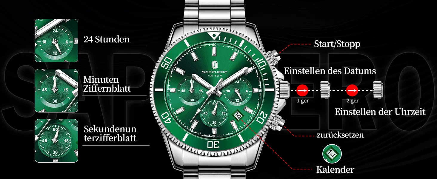 SAPPHERO Orologio da Polso Quarzo Uomo Acciaio Inossidabile Impermeabile 50M Cronografo
